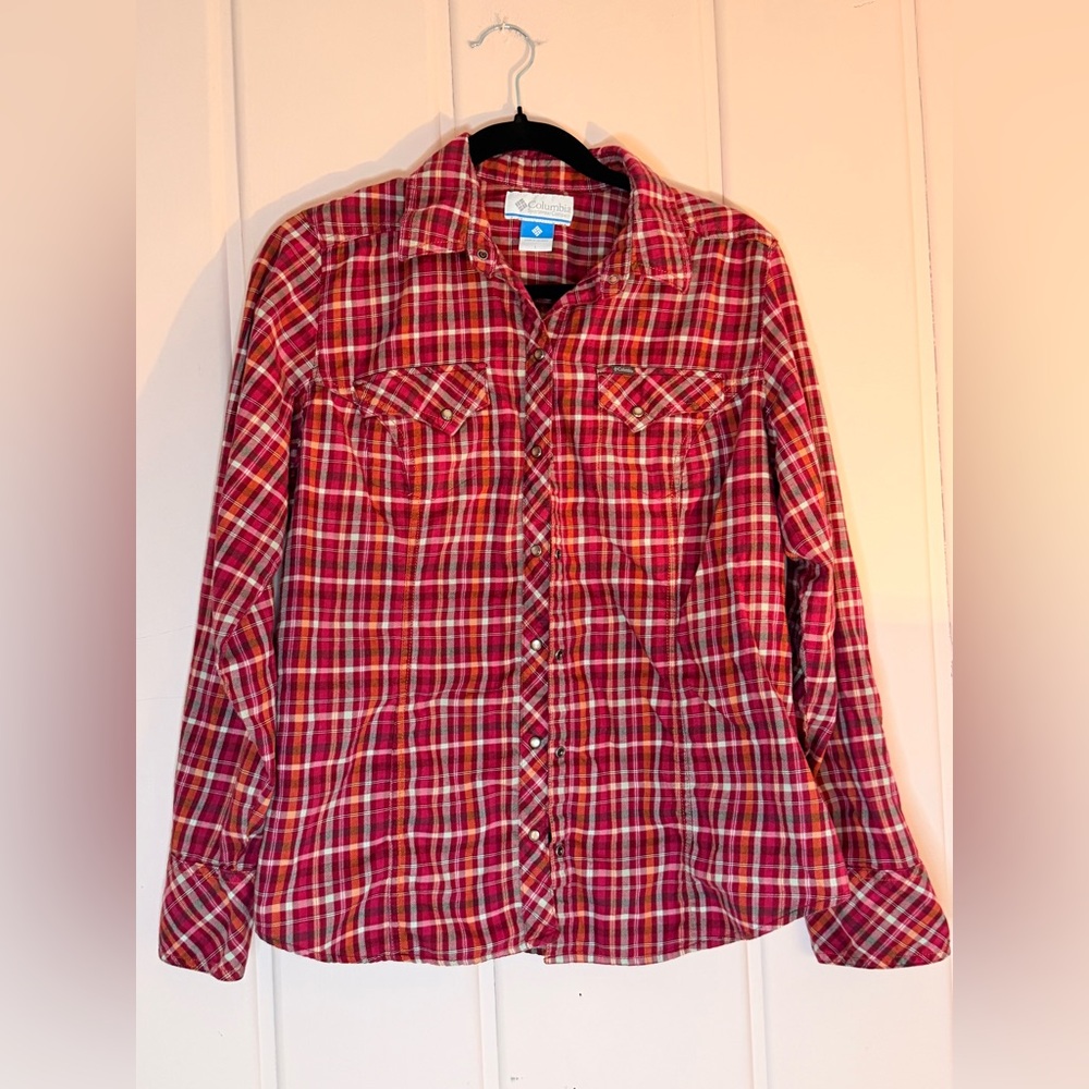 Columbia Womens Red and Orange Plaid Flannel Cotton Shirt Western Snaps sz Large